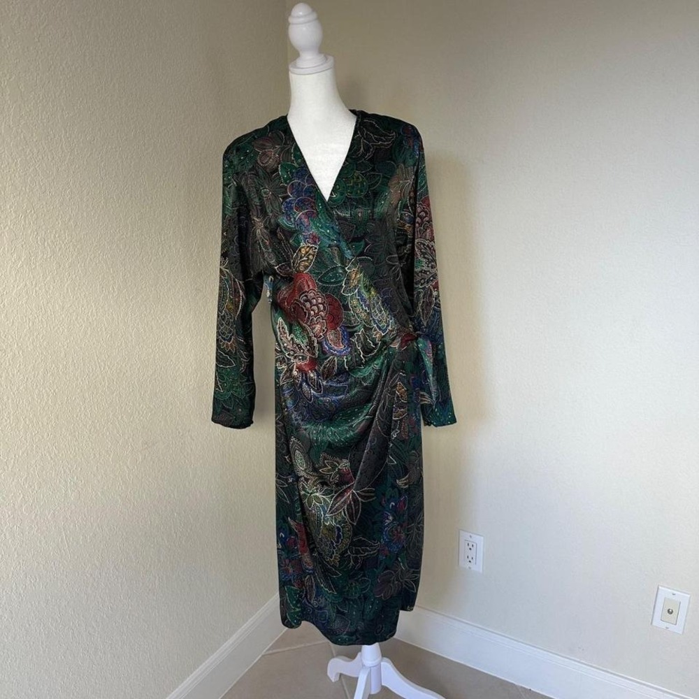Virgo II Vtg Paisley Wrap Dress Womens 10 Green 70s Boho Whimsigoth Art Romantic